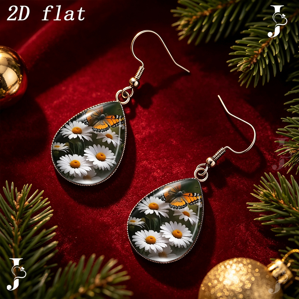 Teardrop Dangle Earrings with Vintage Butterfly Daisy Floral Pattern